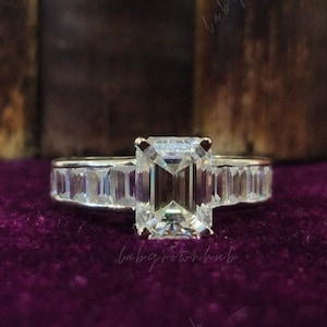 Channel Set Baguette Diamond Ring 2.50 CTW Emerald Cut Moissanite Engagement Ring 18k Gold Wedding Ring Proposal Ring Eternity Band For Her