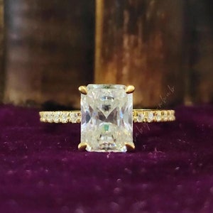 D/VVS1 GRA Certified Radiant Hidden Halo Moissanite Engagement Ring 2.0 CTW Radiant Cut Moissanite Solitaire Accent Ring 14K Yellow Gold