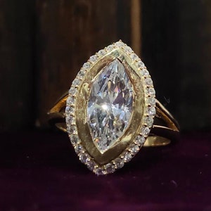 Bezel Set Marquise Cut Moissanite Engagement Ring Halo Diamond Wedding Ring Art Deco Anniversary Gifts for Wife 18k Yellow Gold D/VVS1 Ring