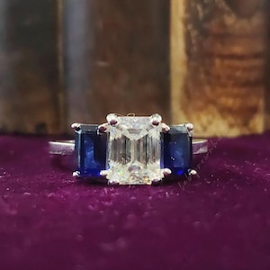 Blue Sapphire Emerald Cut Engagement Ring Three Stone Emerald Wedding Ring 3.0 CTW Emerald Cut Blue Diamond Ring For Women Anniversary Gifts
