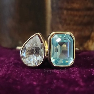 Aquamarine Diamond Ring 3.50 CT Pear & Emerald Cut Blue Diamond Ring Toi Et Moi Engagement Ring 18k Yellow Gold Bezel Set Wedding Ring Women