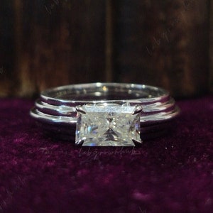 East West Radiant Cut Moissanite Ring 1.70 CTW Radiant Cut Solitaire Ring Wide Band Moissanite Engagement Ring 18k Gold Bridal Wedding Ring