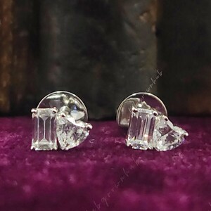 Toi Et Moi Stud Earrings Dainty Two Stone Moissanite Earrings 1 Carat Heart & Emerald Cut Moissanite Stud 14k Gold Screw Back Stud For Her