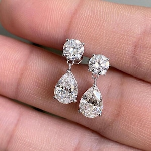 Two Stone Moissanite Drop Earrings Sparkly Diamond Stud Earrings 3.50 CTW Colorless Pear and Round Cut Moissanite Earrings For Women&#39;s Gift