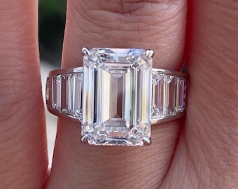 Channel Set Baguette Diamond Ring 3 Carat Emerald Cut Moissanite Engagement Ring 14k White Gold Wedding Ring Bridal Wear Ring For Women's