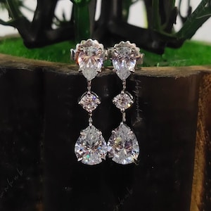Three Stone Moissanite Dangle Earrings Sparkly Diamond Long Dangle Earring 2.50 + 2.50 CTW Colorless Pear Cut Moissanite Earring For Women&#39;s