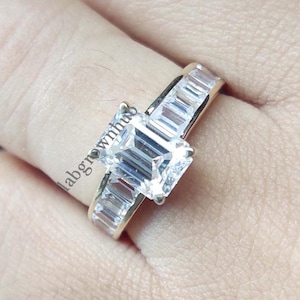 Channel Set Baguette Diamond Ring 2.50 Ct Emerald Cut Moissanite Engagement Ring 14k Yellow Gold Wedding Ring Propose Ring Eternity Band