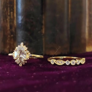Oval Moissanite Engagement Ring Set Yellow Gold Vintage Ring Set Antique Diamond Cluster Halo Ring Milgrain Wedding Band Stacking Bridal Set