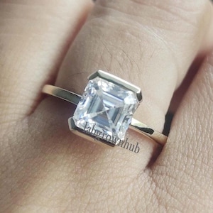 Half Bezel Set Moissanite Ring Solitaire Asscher Cut Moissanite Ring 1.50 Ct Asscher Moissanite Wedding Ring 14k Yellow Gold Engagement Ring