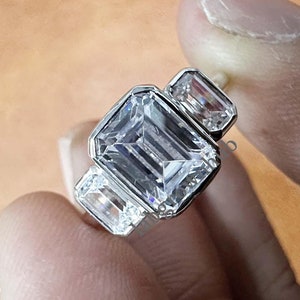 Bezel Set Moissanite Ring Three Stone Moissanite Unique Engagement Ring 2.30 CTW White Emerald Cut Moissanite Wedding Ring 14k White Gold