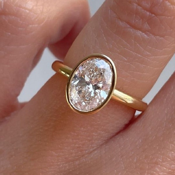 Unique Tulip-Bezel Set Ring 2.0 CTW Oval Cut Moissanite Ring Oval Cut Dainty Diamond Ring 18k Gold Solitaire Moissanite Engagement Ring