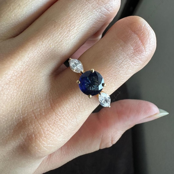 Round Cut Three Stone Engagement Ring Blue Cubic Zirconia Wedding
