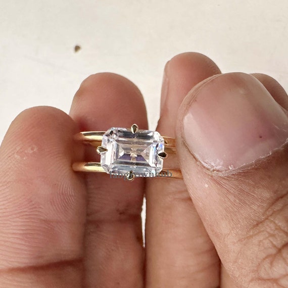 Double Band East West Ring Emerald Cut Ring 6x8mm Emerald Cut