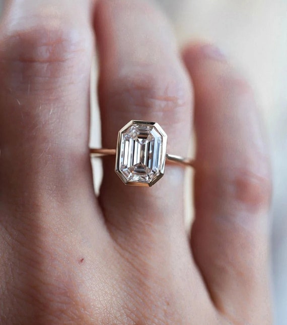 Bezel Set Moissanite Ring Emerald Cut Moissanite Ring 9x7 Mm Etsy