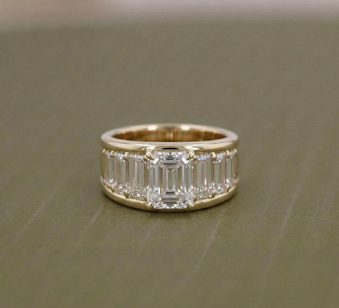 Emerald Cut Lab Grown Diamond Ring Baguette Half Eternity Band 14K ...