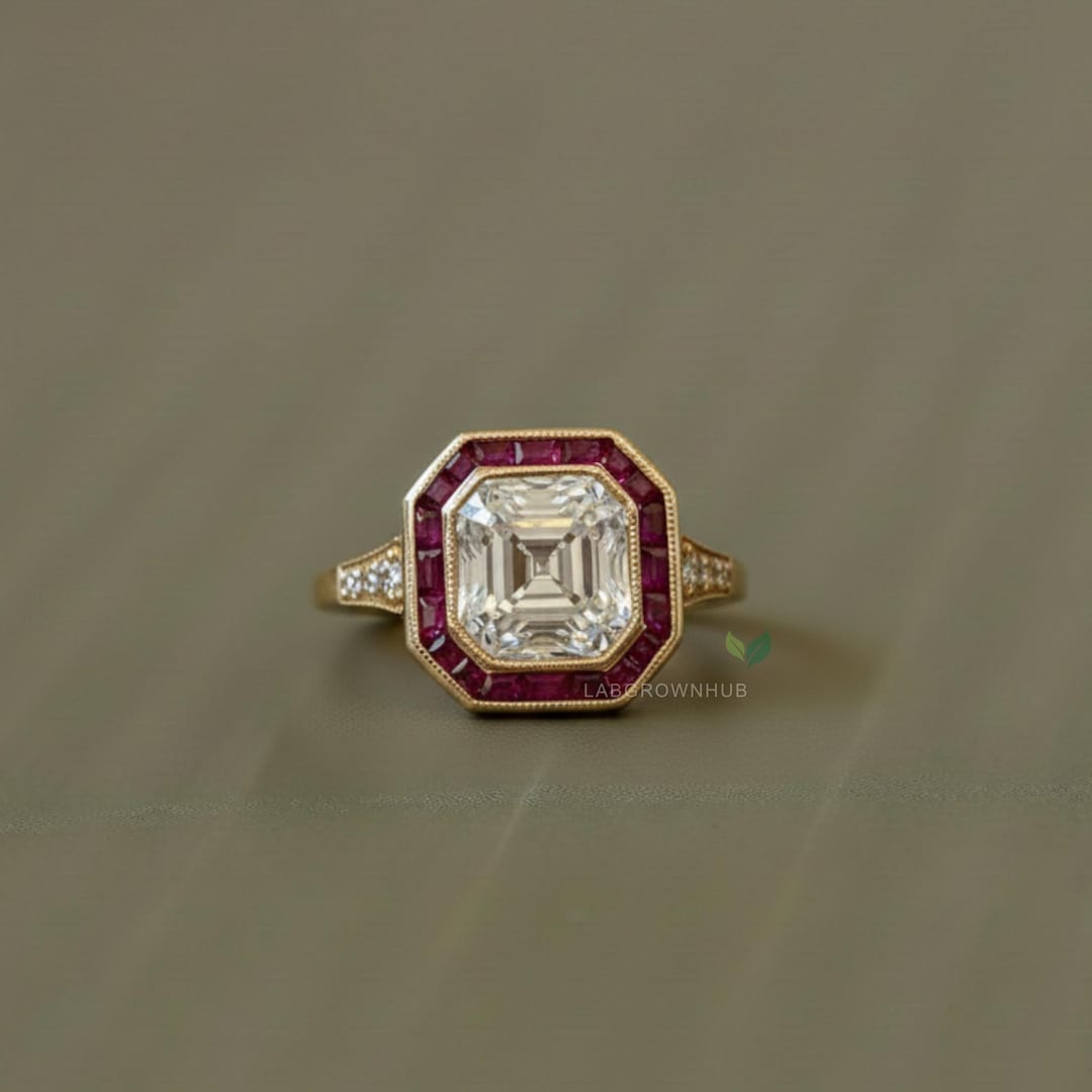 Vintage Asscher Cut Diamond Ruby Halo Solid Gold Engagement Ring - Etsy