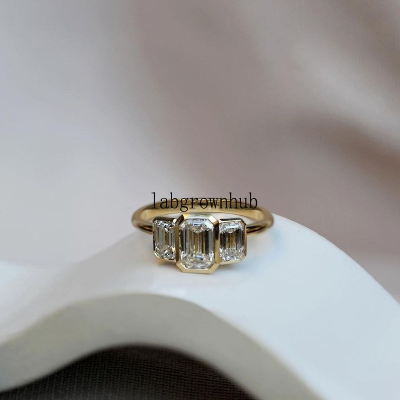 Bezel Set Moissanite Ring Three Stone Moissanite Unique Engagement Ring 2.10 Ct White Emerald Cut Moissanite Wedding Ring 14k Yellow Gold image 6