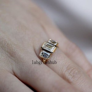 Bezel Set Moissanite Ring Three Stone Moissanite Unique Engagement Ring 2.10 Ct White Emerald Cut Moissanite Wedding Ring 14k Yellow Gold image 4
