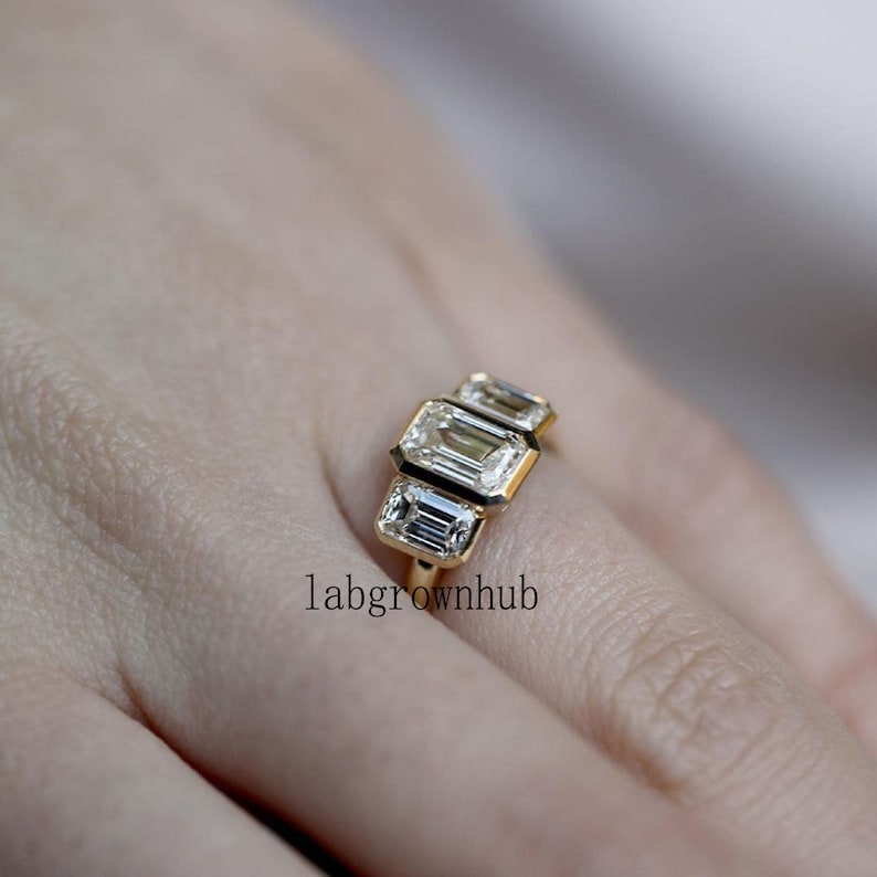 Bezel Set Moissanite Ring Three Stone Moissanite Unique Engagement Ring 2.10 Ct White Emerald Cut Moissanite Wedding Ring 14k Yellow Gold image 4