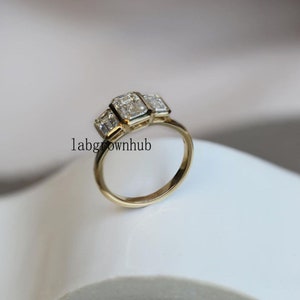 Bezel Set Moissanite Ring Three Stone Moissanite Unique Engagement Ring 2.10 Ct White Emerald Cut Moissanite Wedding Ring 14k Yellow Gold image 2