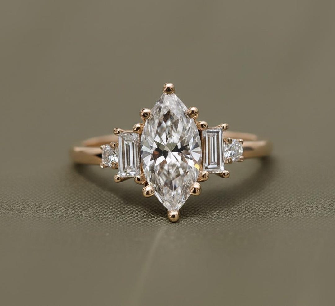 Marquise Cut Diamond Engagement Ring With Baguette Side Stones Yellow ...