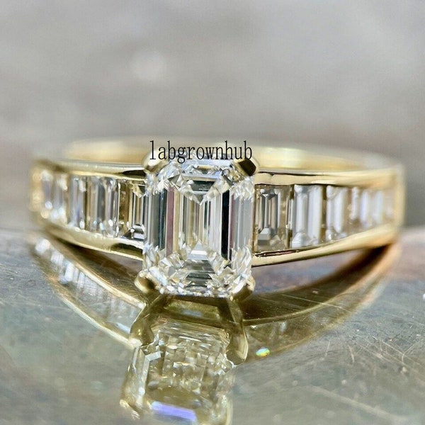 Channel Set Baguette Diamond Ring 2.00 Ct Emerald Cut Moissanite Engagement Ring 14k Yellow Gold Wedding Ring Propose Ring Eternity Band