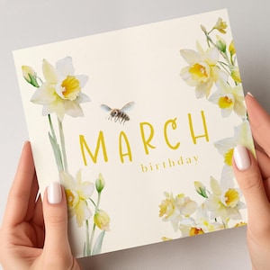 Cartão de aniversário de março para ela, cartão de aniversário de flor de nascimento, cartão de aniversário de narciso, amiga especial, para a mãe, presente de aniversário para tia, cartão de babá