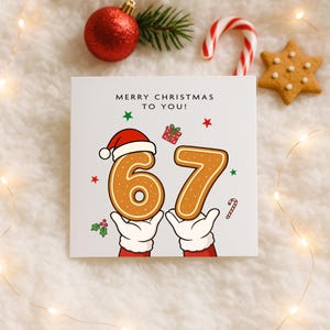 Tarjeta navideña divertida para niños, diseño navideño número 67 para hijo, amigo número sesenta y siete
