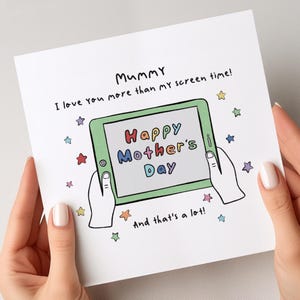 Grappige Moederdagkaart, ik hou meer van je dan schermtijd, Moederdagcadeau voor mama, leuke Moederdagkaart van kinderen, mamadagkaarten