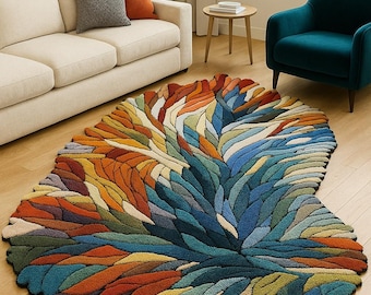 May include: A colorful, abstract rug with a leaf-like design. The rug features a variety of colors, including orange, blue, green, and brown. It is placed on a hardwood floor in a living room setting.