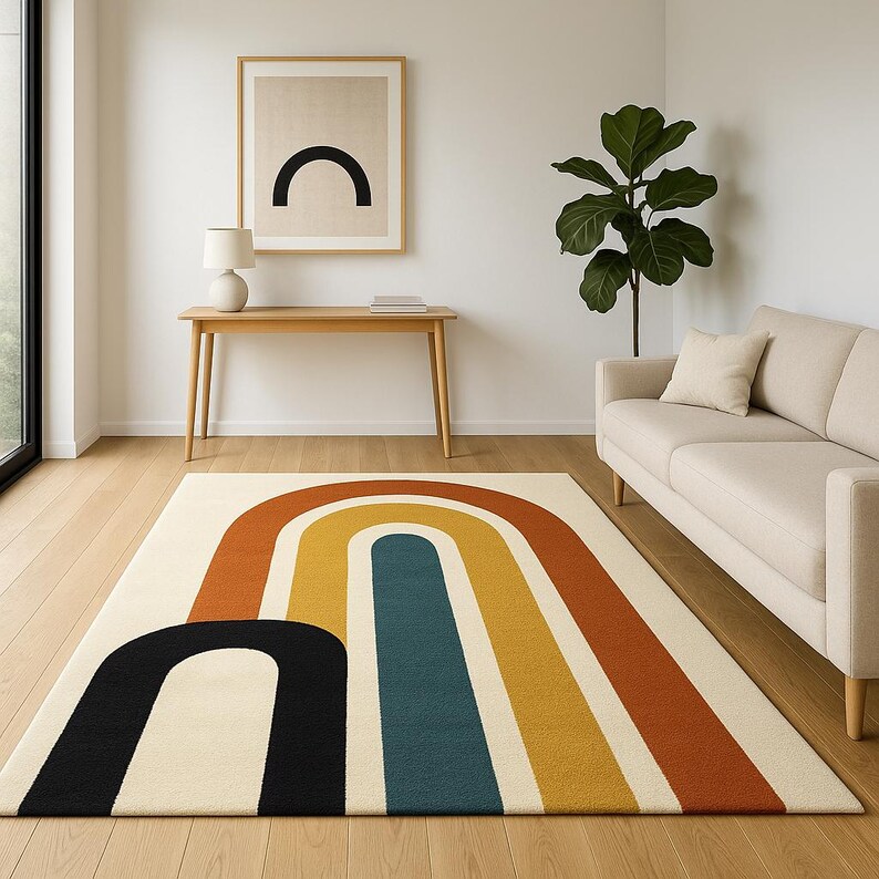 May include: A cream-colored area rug with a retro rainbow design. The rug features bold arches in black, orange, yellow, and teal. The rug is placed on a hardwood floor, with a sofa, table, and artwork in the background.