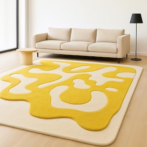 Handgetuft wollen vloerkleed: modern abstract crème-mosterdkunsttapijt