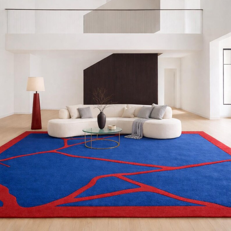 Hand-Tufted Modern Abstract Line Art Area Rug | Luxury Living Room Carpet Dark-Blue