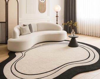 Irregular Wavy Area Rug, Black Cream Abstract Floor Carpet, Soft Artistic Living Room Decor