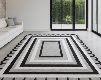 Moderner Schwarz-weißer Geometrischer Teppich, Teppich mit gewelltem Rand, Luxus Minimalistisches Wohnzimmer
