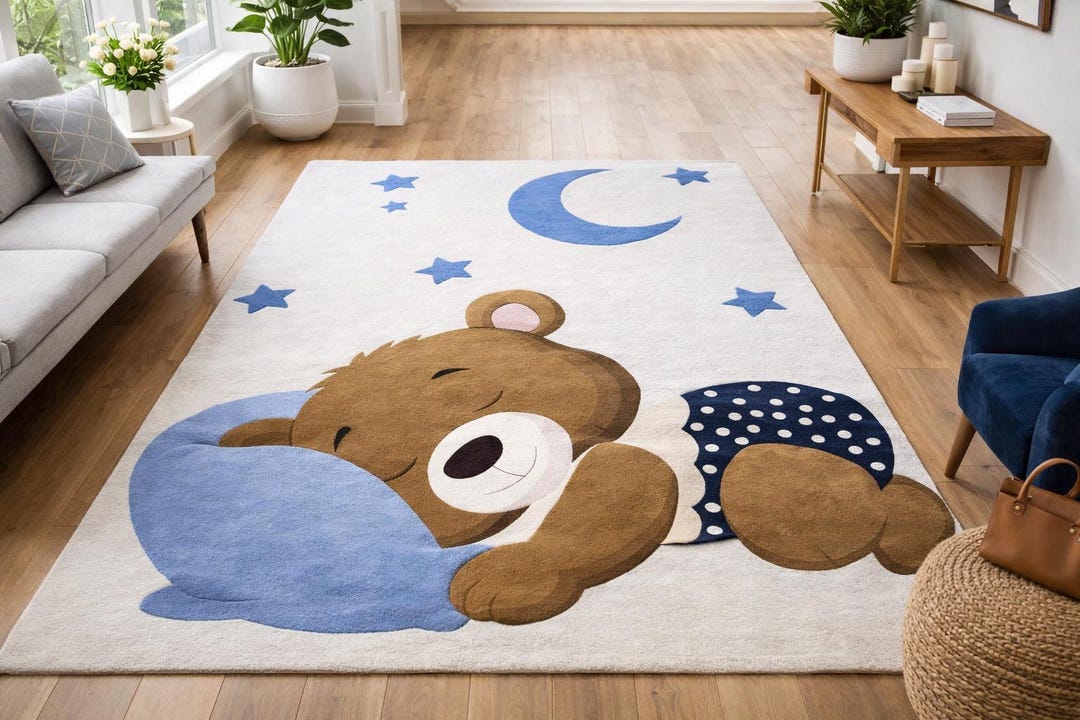Baby Sleep Rug Sleeping Teddy Bear Moon Stars Nursery Rug, Hand Tufted Soft Kids Room ...