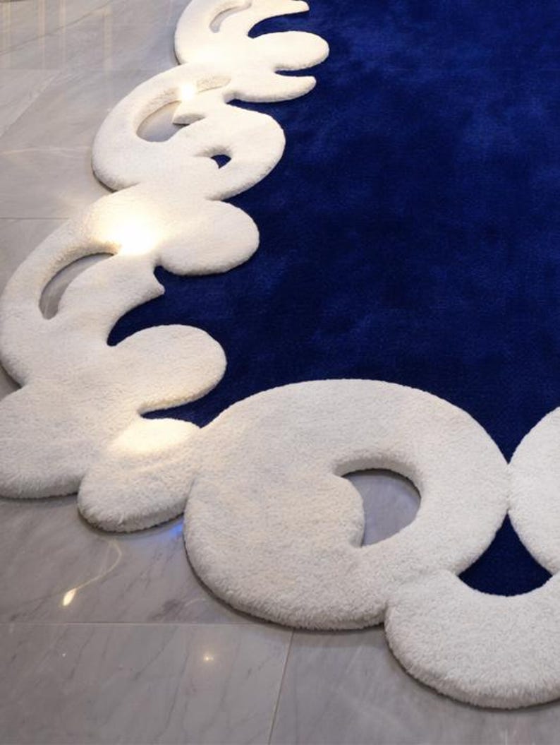 Hand Tufted Wool Runner Rug, Royal Blue, Sculpted Ivory Border - Etsy