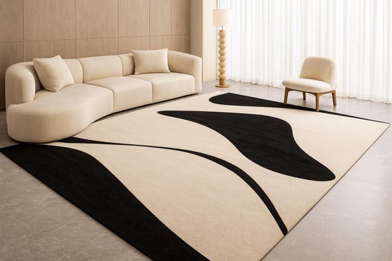 Modern Abstract Beige & Black Area Rug | Contemporary Minimalist Hand-Tufted Carpet for Living Room | Luxury Neutral Home Décor Rug