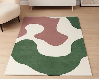 Hand Tufted Wool Abstract Rug, Green Pink Cream Contemporary Area Carpet