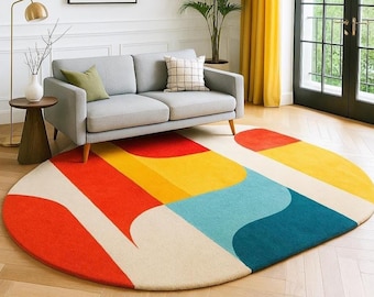 Tappeto rotondo in lana fatto a mano: design astratto geometrico e colorato