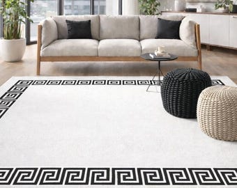 Hand Tufted Wool Area Rug, Black White Greek Key Border, Minimalist Living Room Decor