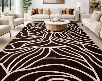 Tapete abstrato moderno, tapete geométrico preto e creme, tapete decorativo para sala de estar feito à mão, 2,4 x 3 metros.