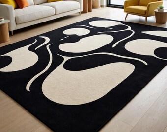 Handgetufteter Wollteppich, Geometrischer Schwarz-Weißer Teppich