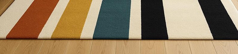 May include: A rectangular rug with a striped pattern. The rug features alternating stripes of rust, yellow, teal, black, and cream. The rug is placed on a light-colored wooden floor.