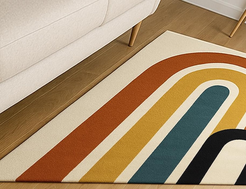 May include: A retro-style area rug with a cream-colored background and bold, curved stripes in shades of orange, yellow, teal, and black. The rug is placed on a hardwood floor, with a portion of a white sofa visible in the upper left corner.