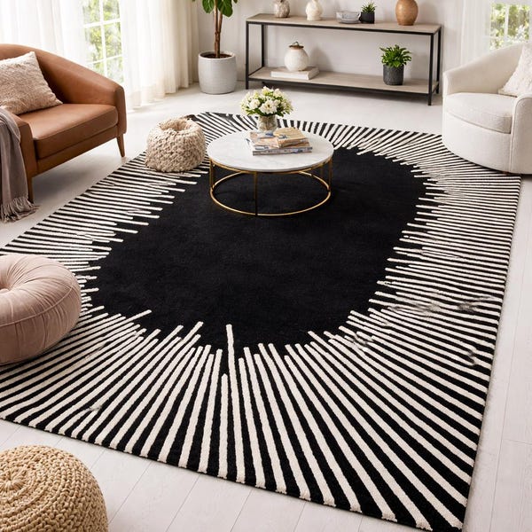 Tapis en laine tufté à la main, motif géométrique noir blanc