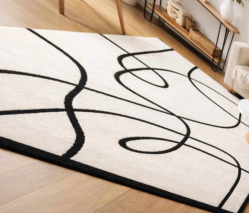 Thick Line Rug Black Line Rug, Cream Hand Tufted Wool Area Rug, Minimalist ...