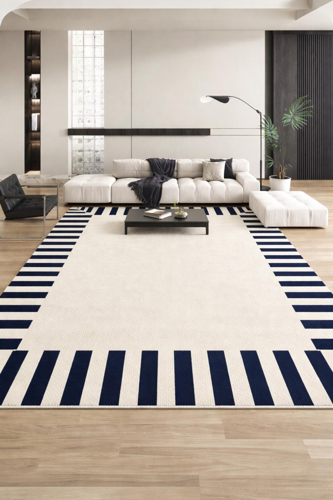 Hand Tufted Wool Area Rug, Cream Navy Geometric Stripe Border Carpet - Etsy