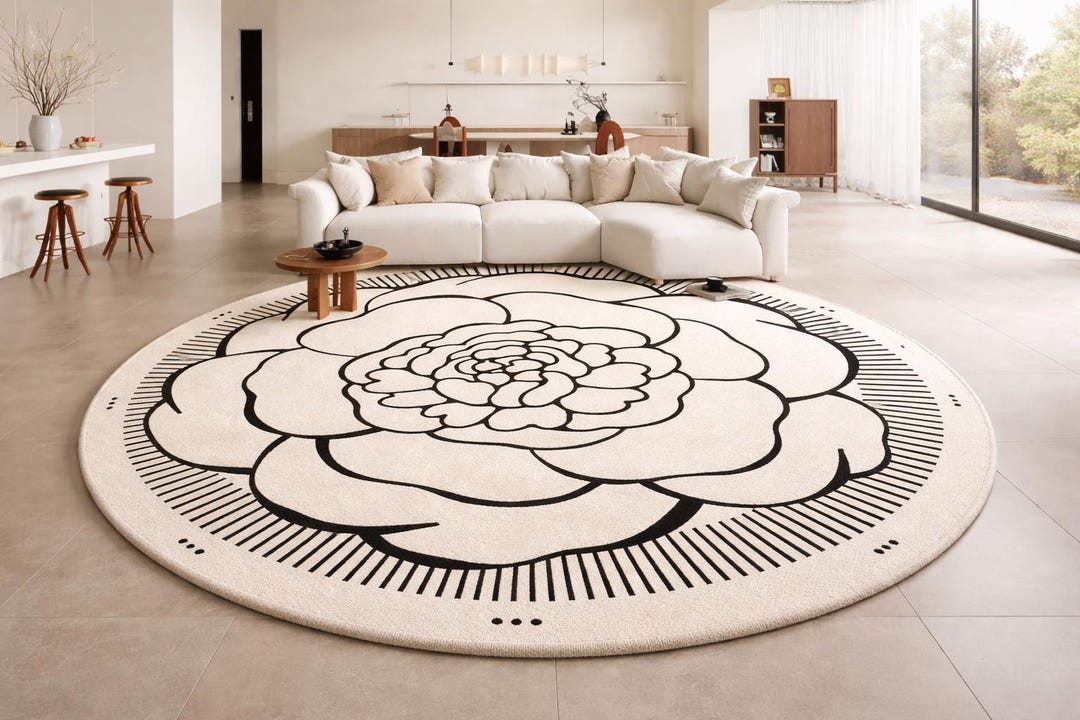Round Floral Hand Tufted Wool Rug, Modern Minimalist Flower Area Rug ...
