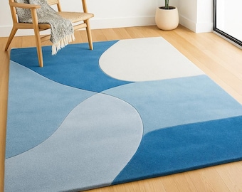 Hand-Tufted Wool Area Rug: Geometric Abstract Blue, Grey & White